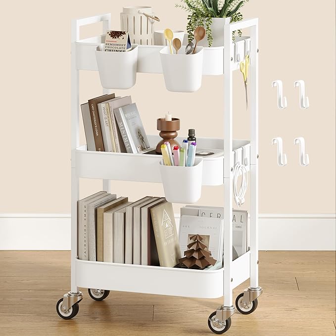 Nunsino 3 Tier Rolling Cart,Utility Cart with Locking Wheels, Hanging Cups,&Hooks, Heavy Duty Metal Storage Organizer Cart for Kitchen,Office, Bathroom,Craft Room,White