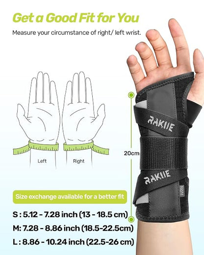 Rakiie Upgraded Carpal Tunnel Wrist Brace, Night Sleeping Support for Arthritis, Sprain & Tendonitis Pain Relief, Flexible 3-Bar Support, Breathable Hand Splint for Typing, Work & Housework, Fit for Men & Women (Gray, Medium, Left Hand)