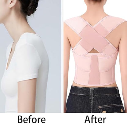 Posture Corrector for Women and Men Plus Size Full Back Support Brace Straightener Scoliosis Spine Upper Back Pain Relief Adjustable Shoulder Instant Posture Corrector with Hunchback (Pink, X-Large)