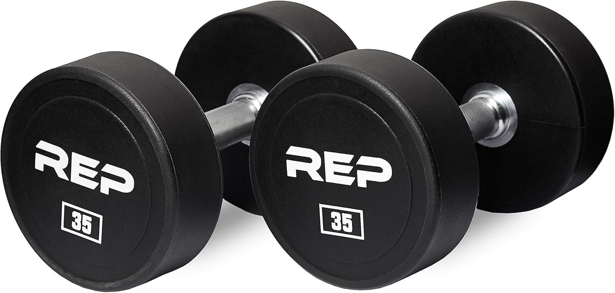 REP Fitness Urethane Coated Round Dumbbells, 5 to 100 lbs, Singles or Pairs, With or Without Rack, Steel Core, Rubber Encased, Chrome Handles, Professional Weights for Home Gym Strength Training