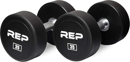 REP Fitness Urethane Coated Round Dumbbells, 5 to 100 lbs, Singles or Pairs, With or Without Rack, Steel Core, Rubber Encased, Chrome Handles, Professional Weights for Home Gym Strength Training