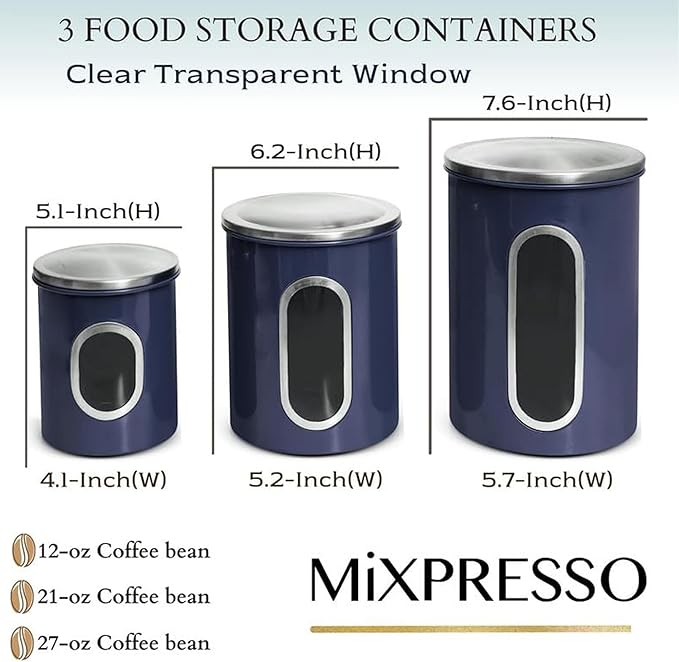 Mixpresso 3-Piece Blue Canisters Sets For The Kitchen, Airtight Canister Set With See Through Window, Storage Jars for Coffee Container, Tea Organizer & Sugar Canister, Blue Kitchen Canisters