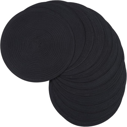 SHACOS Black Round Placemats Set of 12 Heavy Cotton Polyester Woven Braided Place Mats Washable Heat Resistant Non Slip Table Mats