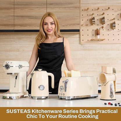 SUSTEAS Toaster 4 Slice Wide Slot, Stainless Steel Bread Bagel Toasters, Retro Long Slot Tostadora for Defrost, Reheat, Removable Crumb Tray, 1500W, 6 Browning Settings, Beige