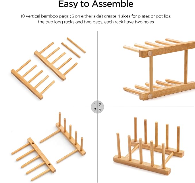 Bamboo Dish Drying Rack for Kitchen Counter and Cabinet, Dish/Book/Plate/Bowl/Cup/Cutting Board/Pot Lid Organizer for Kitchen, Living Room, Study, Display Cabinet (4 Slots)