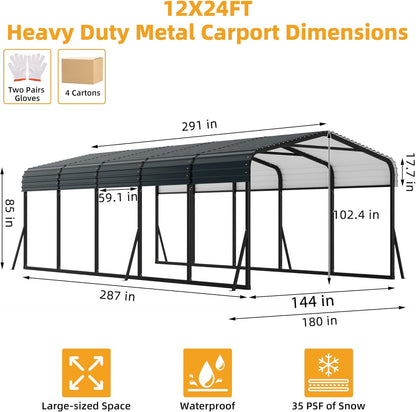 12x24FT Metal Carport Kits with Galvanized Steel Roof, Heavy Duty Metal Roof Carport with Enhanced Base, Tall MetalCarport Kits Garage for Tractors, Pickup, Boat, Car