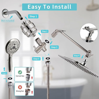 10'' Dual 20 Stage Filtered Shower Head with Handheld, 6 Spray Settings Handheld Shower Head High Pressure Rainfall Filter Combo with 12'' Adjustable Extension Arm, 71'' Shower Hose (Brushed Nickel)