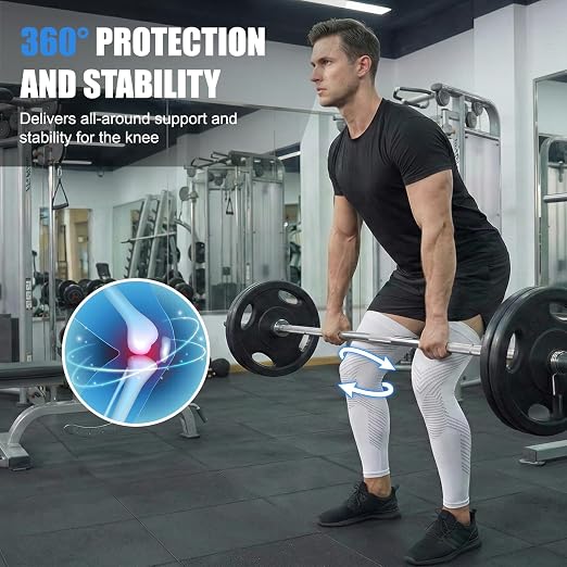 Full Leg Compression Sleeves for Men and Women,2 Pack Legs Sleeves Long Knee Brace Support for Running, Basketball, Cycling, Workout, Sports - White,M