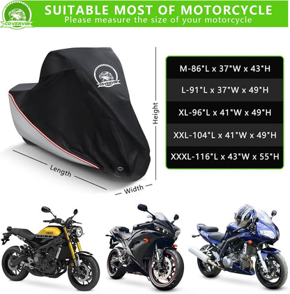 COVERVIN Motorcycle Cover, All Weather Outdoor Waterproof Night Protection with Reflective Strips, Locking Holes and Storage Bag for 91 Inch Suzuki, Kawasaki, Honda, Harley-Davidson(Silver L)