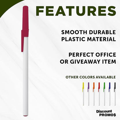 DISCOUNT PROMOS Value Stick Pens Set of 10, Bulk Pack - Blue Ink, Great for Office, School, Business, Tradeshows, Events - Burgundy Cap