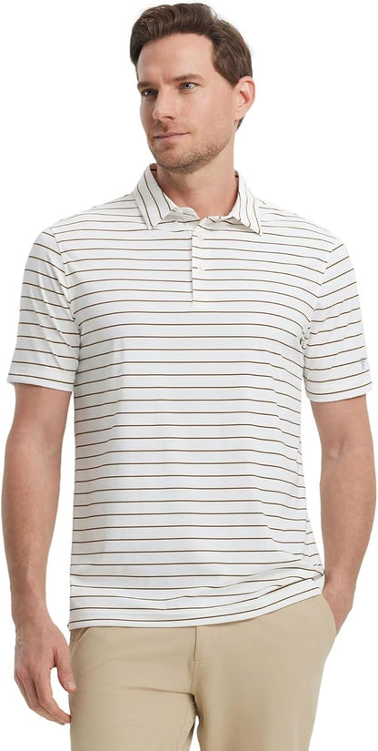 M MAELREG Mens Striped Golf Shirts Short Sleeve Silk-Like Touch Water-Resistant Breathable Soft Collared Polo Shirts for Men