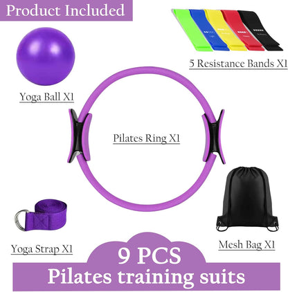 Pilates Ring Set – Magic Circle with Dual Padded Handles, Mini Exercise Ball & 5 Resistance Bands | Pilates Kit for Women | Home Workout Equipment for Full-Body Training & Fitness Set