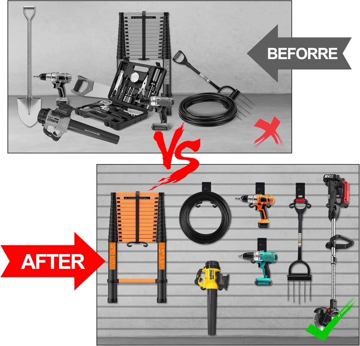 Slatwall Power Tool Hanger, Garage Garden Tool Hooks, Steel String Trimmer Holder Grass Trimmer Organizer, Weed Eater Rack Garage Storage Hook for Weed Wacker, Leaf Blower