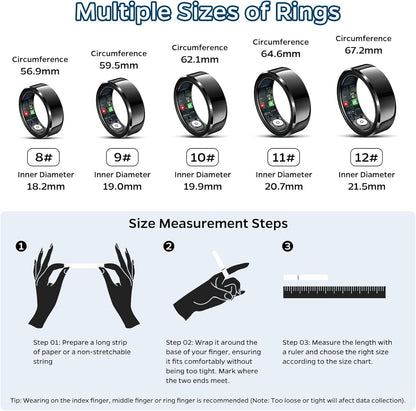 Smart Ring Health Tracker, Sleep Tracker Ring with Heart Rate, Waterproof Fitness Ring for Activity Monitoring/Steps/Distance/Calories, Air Gestures, Up to 7-Day Battery, for iOS Android (Black,#11)