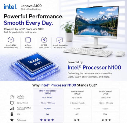 Lenovo 24" All-in-One Desktop Computer, Intel N100 Processor, 16GB RAM, 512GB SSD, FHD Display, Space-Saving Design for Home, Office &Business, Wi-Fi 6, HDMI Out, Windows 11, Wireless Keyboard & Mouse