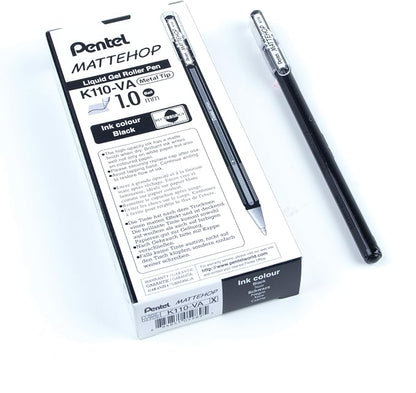 Pentel Arts Hybrid MATTEHOP Gel Roller, 1.0mm, Matte Black Ink, Box of 12 Each (K110-VA)
