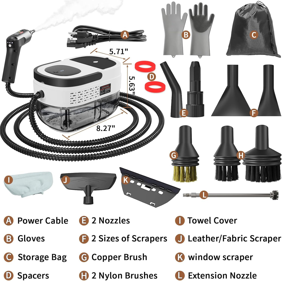 Handheld Steam Cleaner for Home, 2500W High Temperature Pressurized Machine, 1.6L Water Tank, Handle-controlled Steam Output, Portable Cleaning Steamer for Car, Bed Bugs, Furniture, Grout (White)