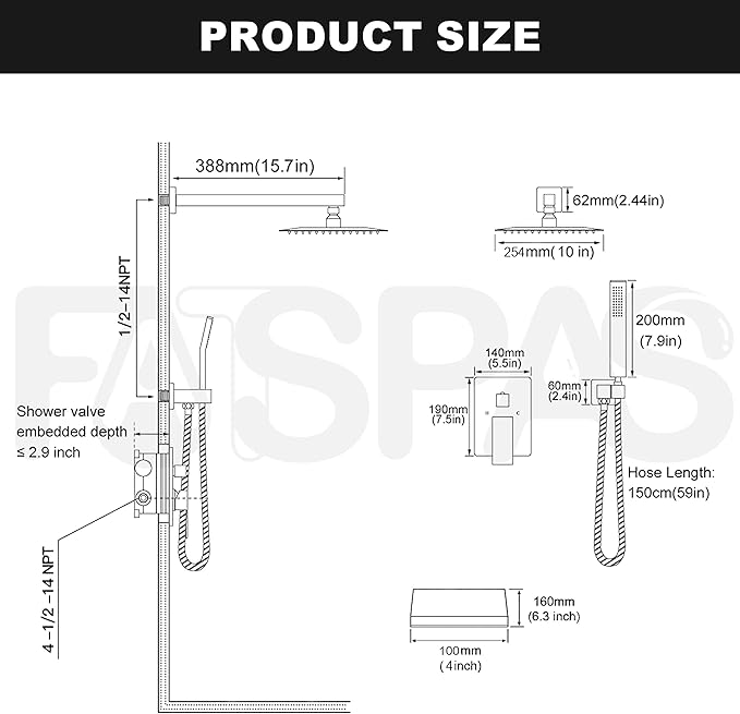 Matte Black Shower System with 10-Inch Rain Showerhead and Tub Spout | cUPC-certified pressure balance brass valve to prevent scalding, CEC-certified air injection technology for low pressure