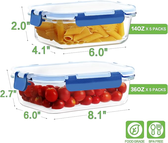 10 Pack Borosilicate Glass Meal Prep Containers with Locking Lids, Glass Food Storage Containers Set, Airtight Lunch Bento Boxes, BPA-Free & Leak Proof, 36oz & 14oz, Freezer, Oven Safe-Deep Blue