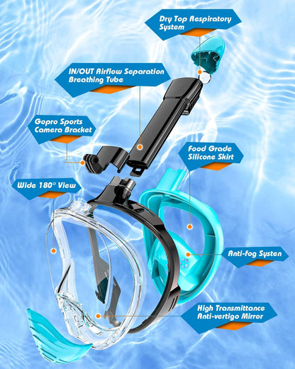 QingSong Full Face Snorkel Mask for Adults, Snorkeling Gear with Camera Mount, 180 Degree Panoramic View Snorkel Set Anti-Fog Anti-Leak