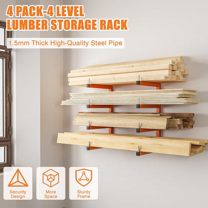 4-Pack Lumber Storage Rack, Wood Storage Racks Wall Mount, Heavy Duty Garage Wood Organizer With 8-Level System, Orange Utility Rack Organization Up 1600 Lbs, Metal Lumber Shelf for Indoor & Outdoor