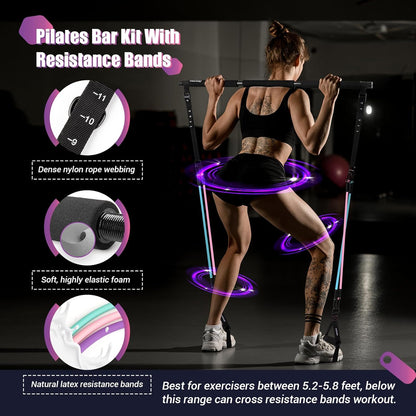 Pilates Bar Kit with Resistance Bands, Multifunctinal Exercise Bar with Ab Roller for Pilates/Abs/Weight Loss, Portable Home Gym Pilates bar kit for Full Body Training Women
