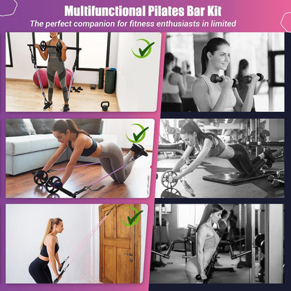Pilates Bar Kit with Resistance Bands, Multifunctinal Exercise Bar with Ab Roller for Pilates/Abs/Weight Loss, Portable Home Gym Pilates bar kit for Full Body Training Women