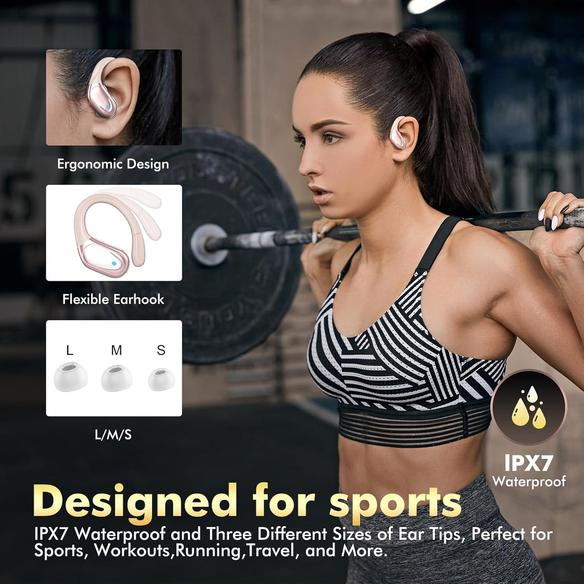 Wireless Earbuds, Sports Bluetooth Headphones, 80Hrs Playtime Ear Buds with LED Power Display, Noise Canceling Headset, IPX7 Waterproof Earphones for Workout/Running (Rose Gold)