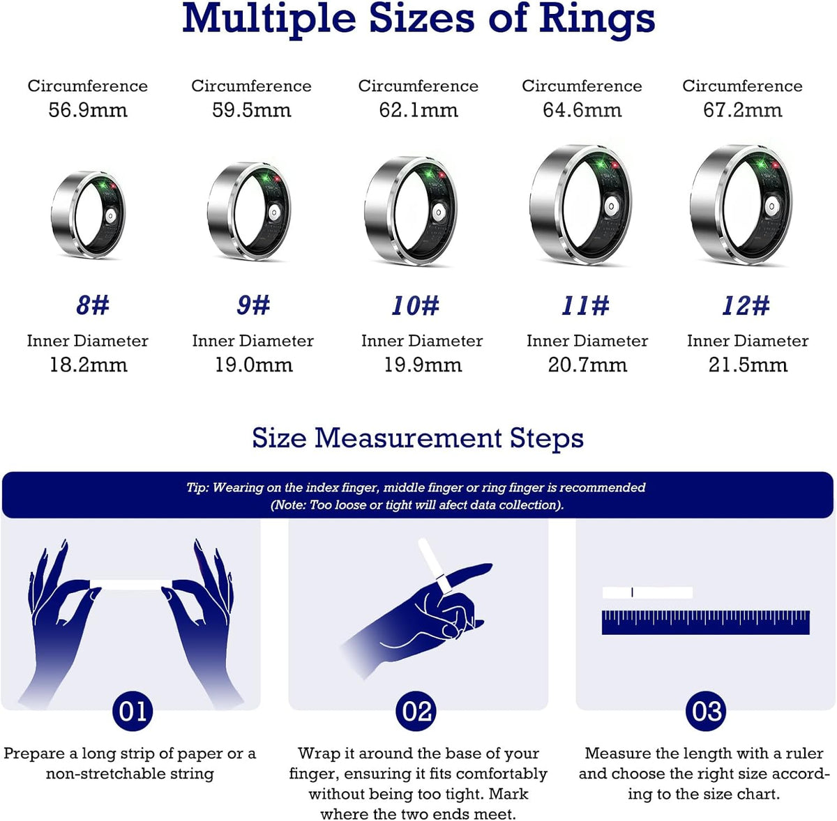 Smart Ring Health Tracker, Sleep Tracker Ring with Heart Rate, Waterproof Fitness Ring for Activity Monitoring/Steps/Distance/Calories,Air Gestures,Up to 7-Day Battery,for iOS Android(Light Silver#10)