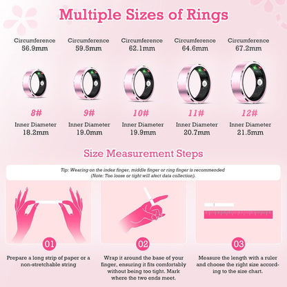 Smart Ring Health Tracker, Sleep Tracker Ring with Heart Rate, Waterproof Fitness Ring for Activity Monitoring/Steps/Distance/Calories,Air Gestures,Up to 7-Day Battery, for iOS Android (Light Pink,#8)