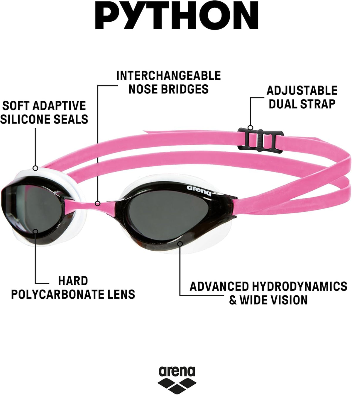 ARENA Unisex Python Racing Swim Goggles for Men and Women Anti-Fog No Leak Max Comfort Dual Strap, Mirror/Non-Mirror Lens
