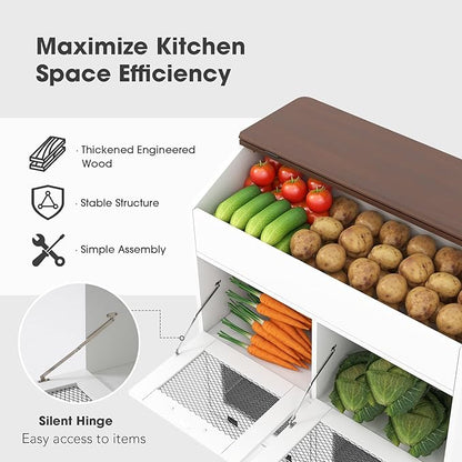 Patiorama Wood Potato and Onion Storage Bin Box, Large Vegetable Storage Box w/Lid,Wooden Bread Storage Bin w/4 Mesh Doors,Movable Bottom Drawer, Farmhouse Potato Storage Bins for Kitchen Pantry White