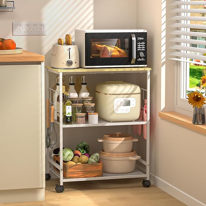 ThreeHio Rolling Kitchen Microwave Cart, 3 Tier Microwave Table Stand with Storage, Kitchen Utility Cart on Lockable Wheels, Small Coffee Station Shelf Rack Organizer for Living Room Office, Balcony