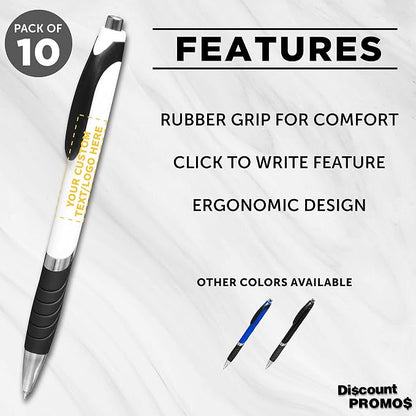 DISCOUNT PROMOS Ballpoint Pens With Rubber Grip - 10 pack - Customizable Text, Logo - Black Ink Ball Point Pen with Soft Touch Plastic - White