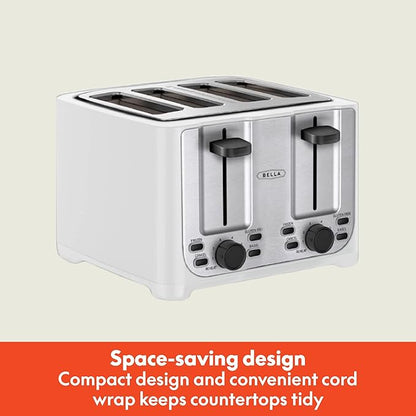 BELLA 4 Slice Toaster with Auto Shut Off - Extra Wide Slots & Removable Crumb Tray and Cancel, Defrost & Reheat Function - Toast Bread & Bagel, White
