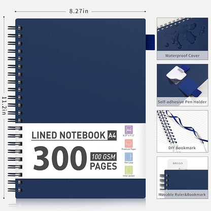 AHGXG Spiral Notebook College Ruled - Spiral Journal Notebook 8.5" x 11" Large A4, 300 Pages Lined Journal, 100GSM Thick Paper, Plastic Hardcover, for Women Men Office School Writing Work, Bule