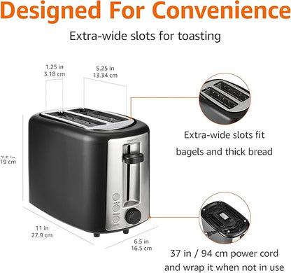 Amazon Basics 2 Slice Toaster, With 6 Browning Settings, Extra Wide Slots For Bagels and Special Breads, Removable Easy-to-Clean Crumb Tray, Cancel/Defrost/Bagel Buttons, 900W, Black & Silver