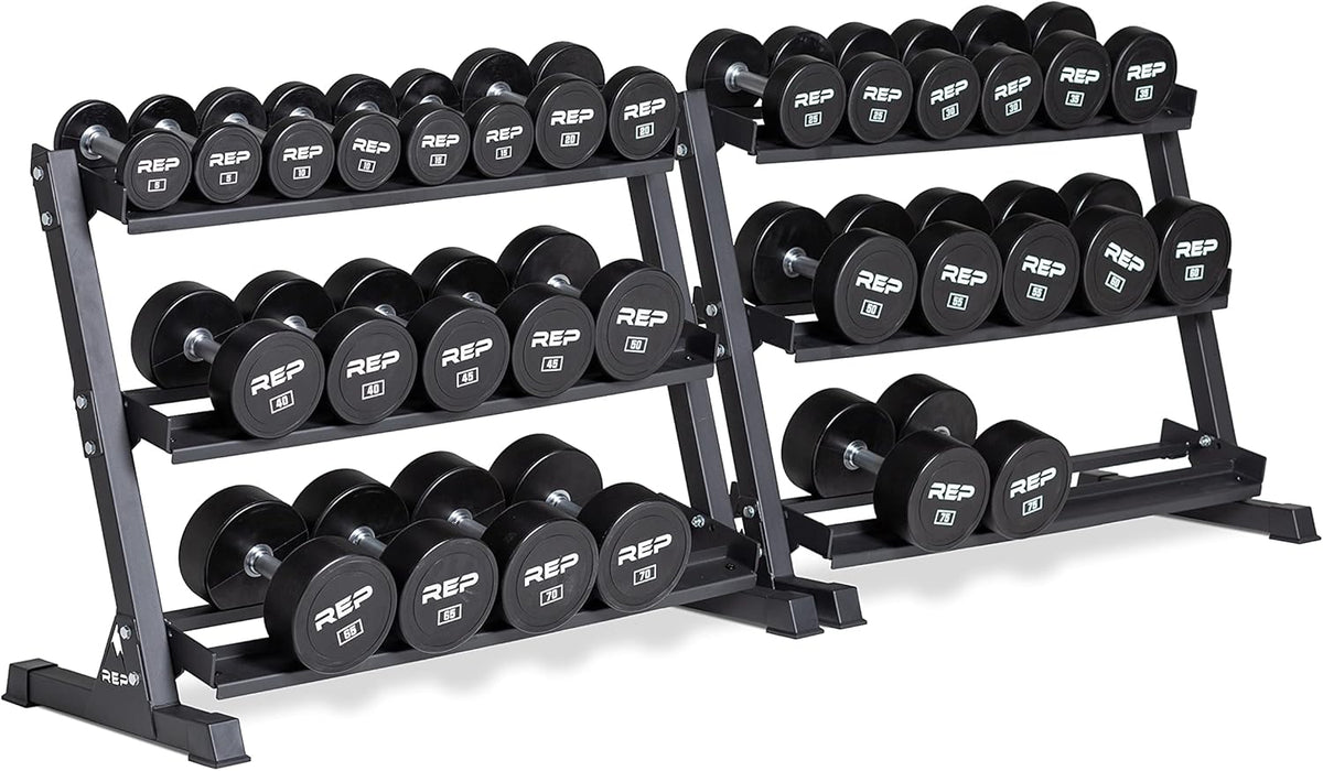 REP Fitness Urethane Coated Round Dumbbells, 5 to 100 lbs, Singles or Pairs, With or Without Rack, Steel Core, Rubber Encased, Chrome Handles, Professional Weights for Home Gym Strength Training
