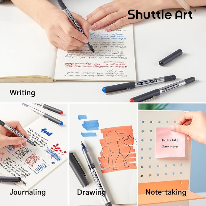 Shuttle Art Rollerball Pens, 10 Pack(8 black 1 blue 1 red) Liquid Ink Pens, 0.5mm Extra Fine Point, Quick Drying for Writing Journaling Taking Notes School Office