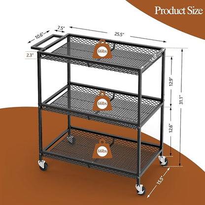 3 Tier Rolling Utility Kitchen Cart, Heavy Duty Wire Rolling Cart on Wheels, Commercial Metal Serving Carts with Handle, Kitchen Island Plant Shelf Food Storage Trolley for Laundry, Office, Garage