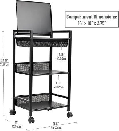 Mind Reader Cart with Covered Compartment, Office Organizer, Storage, 3-Tier, Office, Metal, 15.5" L x 11" W x 28.25" H, Black
