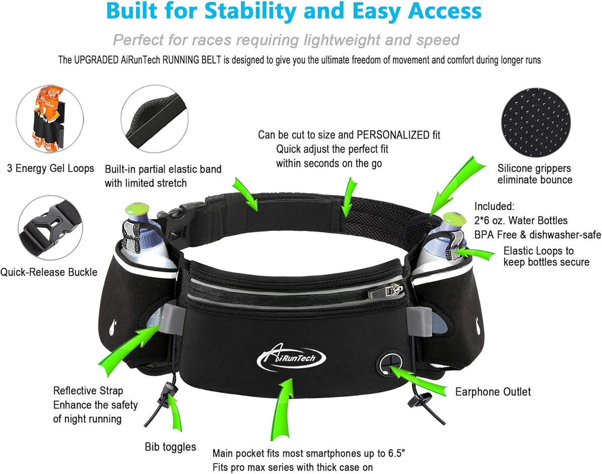 AiRunTech Hydration Running Belt with Water Bottle, Running Fanny Pack for Phone and Wallet Holder, Running Bag Runners Essentials Accessories Marathon Triathlon Walking Jogging Gear Gift