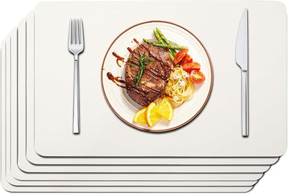 Maxpearl Faux Leather Placemats Set of 6 - Waterproof - Wipe Clean - Heat Resistant - Anti Slip Dining Table Place Mats, Suitable for Indoor & Outdoor Use, 17’’x12’’, Ivory White