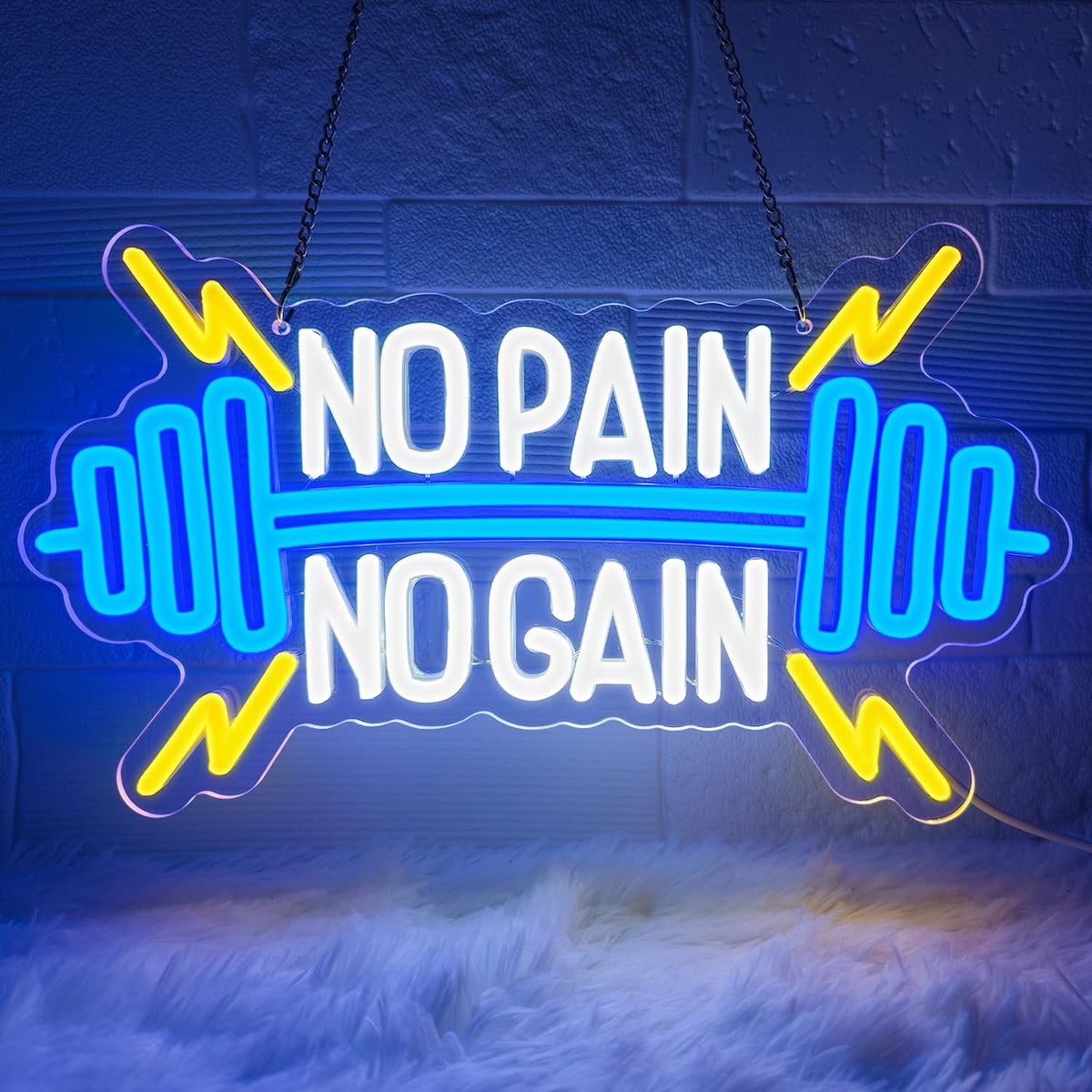 No Pain No Gain Neon Sign for Gym Wall Decor,Led Sign,Neon Lights for Bedroom,Motivational LED Light Up Sign for Home Fitness Room,Garage,Workout,Man Cave,Blue & Yellow Barbell Neon Light