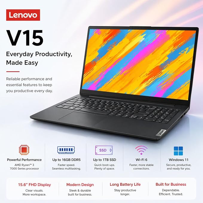 Lenovo V15 Business Laptop 2026 Edition, AMD Ryzen 3 7320U (Beat i7-1065G7), 15.6" FHD Display, 16GB DDR5 RAM, 1TB NVMe SSD, Wi-Fi 6, RJ-45, Dolby Audio, Windows 11 Pro, Black