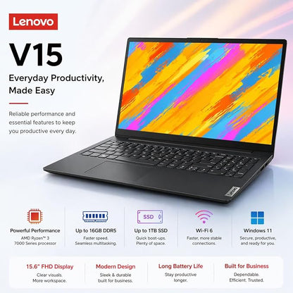 Lenovo V15 Business Laptop 2026 Edition, AMD Ryzen 3 7320U (Beat i7-1065G7), 15.6" FHD Display, 16GB DDR5 RAM, 1TB NVMe SSD, Wi-Fi 6, RJ-45, Dolby Audio, Windows 11 Pro, Black