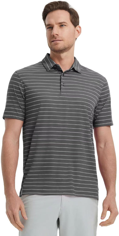 M MAELREG Mens Striped Golf Shirts Short Sleeve Silk-Like Touch Water-Resistant Breathable Soft Collared Polo Shirts for Men