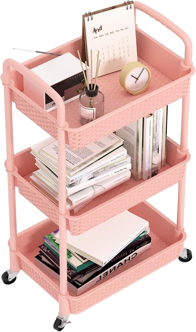 MOYIPIN 3-Tier Plastic Rolling Utility Cart with Handle,Utility Storage Cart for Office, Living Room, Kitchen,Movable Storage Organizer Shelves,Pink