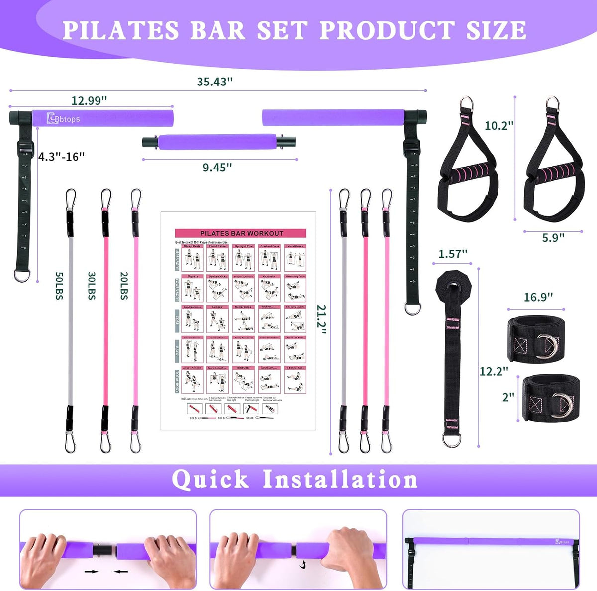 Pilates Bar Kit with Resistance Bands,Pilates Bar with Stackable Bands Workout Equipment for Legs,Hip,Waist and Arm,Exercise Fitness Equipment for Women & Men Home Gym Yoga Pilates