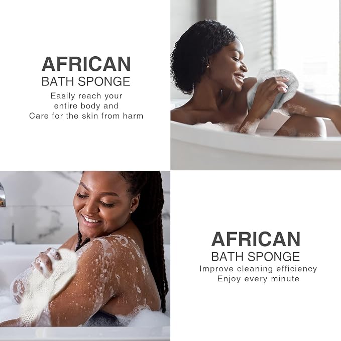 UJFQBH 3 Pieces African Bath Sponge African Net Long Net Bath Sponge Exfoliating Shower Body Scrubber Back Scrubber Skin Smoother,Great for Daily Use (Purple， Pink，Green)